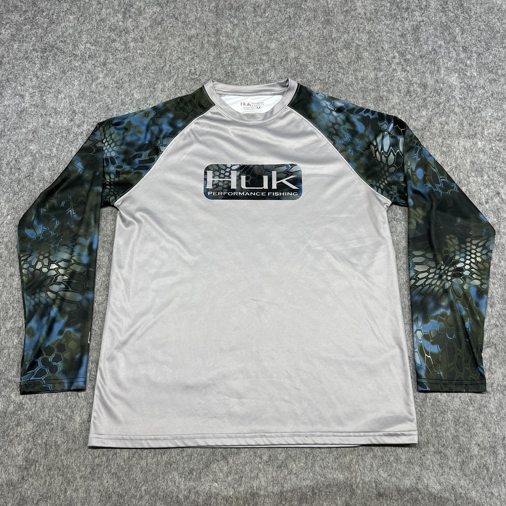 Huk Performance Fishing Shirt Mens M Gray Camo Raglan Long Sleeve Top Outdoors